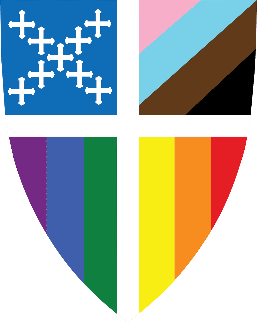 Calvary Episcopal Church shield with crosses and rainbow colors.