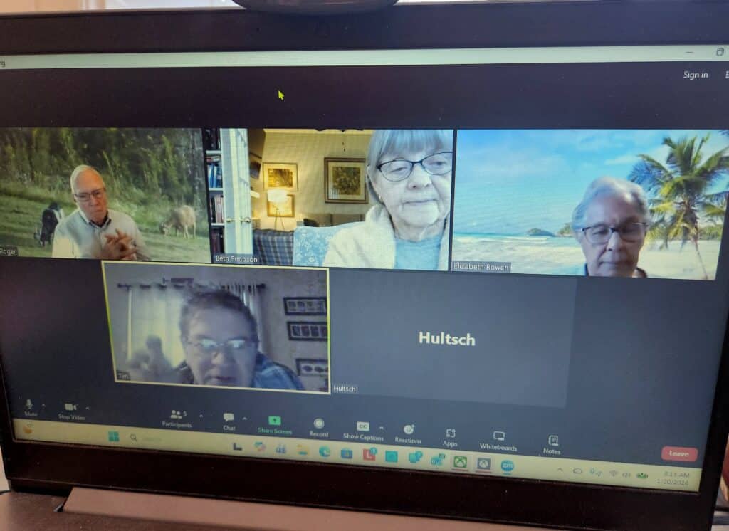 Virtual meeting of Calvary Episcopal Church members with participants in different locations, includ.